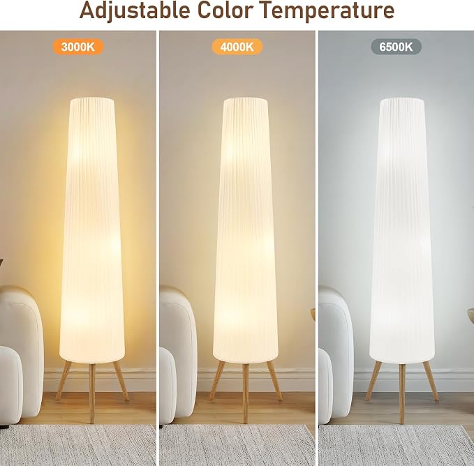 GyroVu 60 Inch Wood Floor Lamp, White Cloth Shade, Color Temperature Adjustable Softlighting Corner Lamp, 3 Bulbs Standing Lamp, Creative Ambient Light for Living Room Bedroom&Office-Bulbs Included