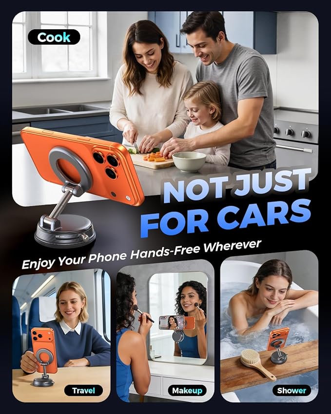 2026 Upgraded Vacuum Magnetic Car Phone Holder, 85LBS Strongest Suction & 2600gf Magnetic for Magsafe Car Mount, 360° Adjustable Foldable Cell Phone Holders for Your Car for iPhone 17 Pro Max 16 -Grey
