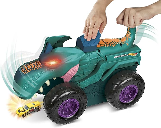 Hot Wheels Monster Trucks Car Chompin' Mega-Wrex, Large Toy Monster Truck & Toy Car, Eats & Poops 1:64 Scale Vehicles, Lights & Sounds