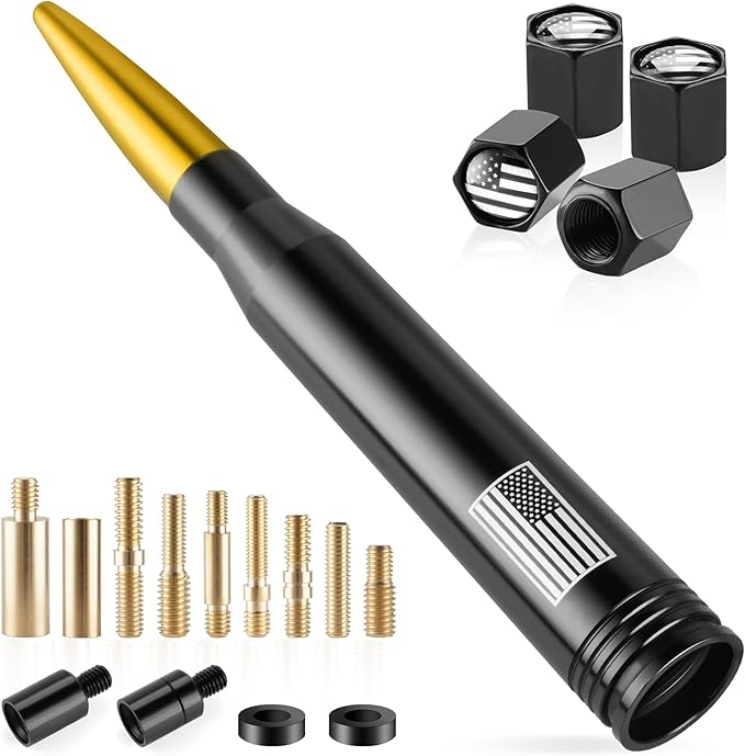 BJSIA American Flag Antenna for Truck with Valve Stem Caps - Universal Compatible with Ford, Dodge, Chevrolet, GMC, Jeep, Toyota Truck Car Accessories, Heavy Duty Pickup Trucks Accessories - Gold