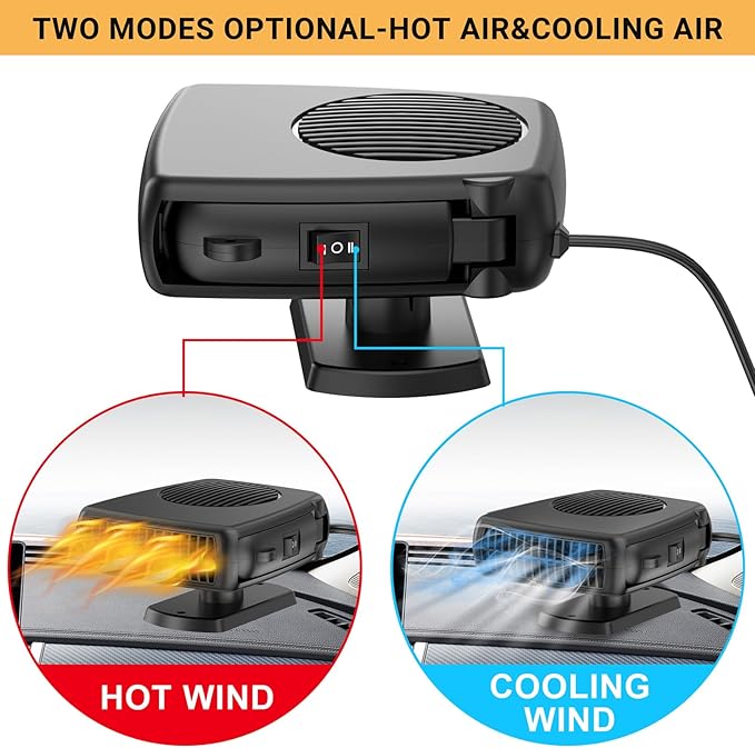 12V Car Heater, 200W Portable Windshield Defroster with Heating/Cooling Fan and Plug in Cigarette Lighter Fast Heating Defrost Defogger with Ergonomic Handheld Design for All Kinds of Cars