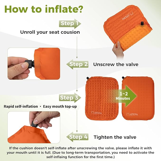 ATEPA Inflatable Seat Cushion, Compact Self-Inflating Seat Cushion for Stadium Airplane Air Travel Bleacher Camping, Blow Up Foam Seat Pad for Outdoor Sports Events Backpacking Hiking Sitting