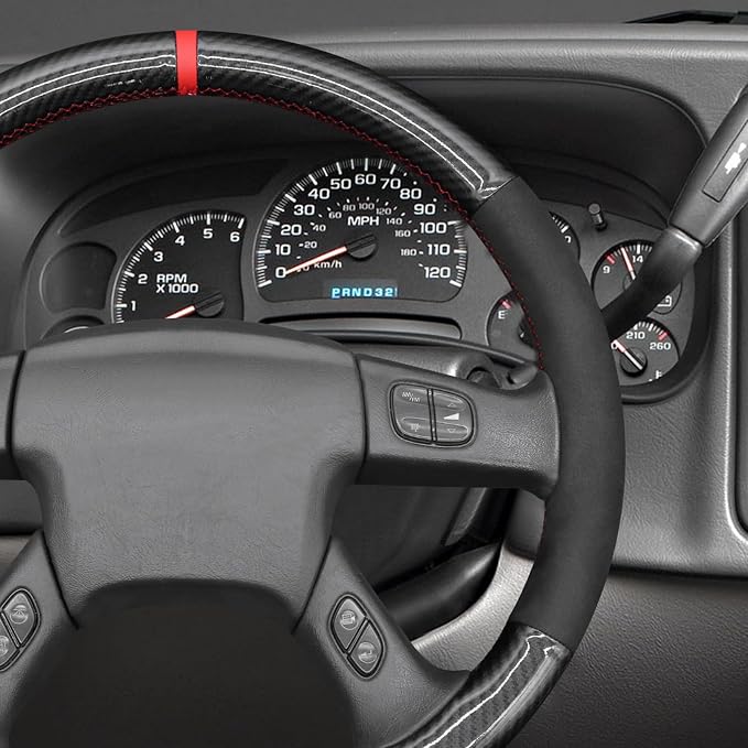 MEWANT Hand Stitched Steering Wheel Cover for Chevy Silverado 1500 2003-2006 Glossy PU Carbon Fiber Suede Steering Wrap
