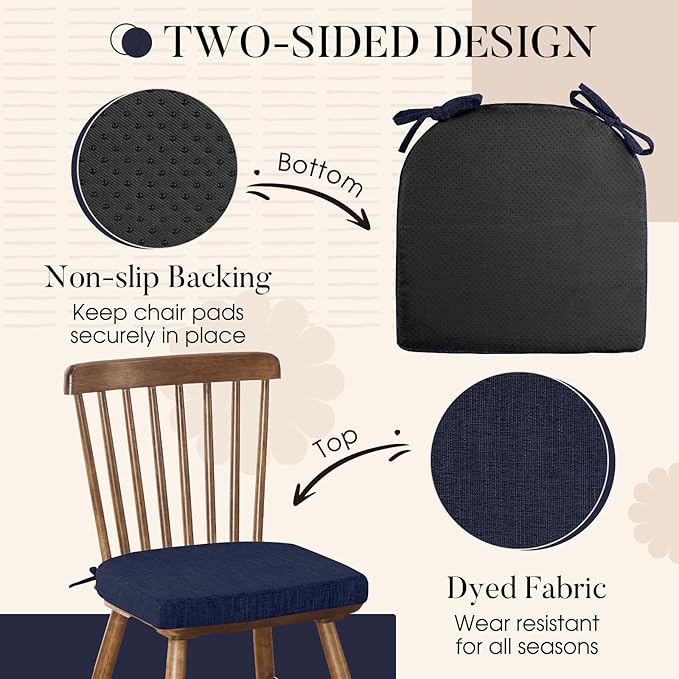 Basic Beyond Chair Cushions for Dining Chairs 4 Pack, Kitchen Chair Cushions with Ties and Non Slip Backing, 16 x 16 inches Chair Pads for Dining Chairs (Navy)