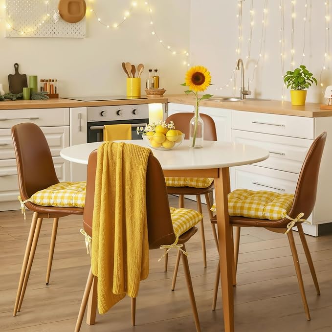Geetery 4 Pack Chair Cushions for Dining Chairs, 16" x 15" Lemon Yellow Kitchen Chair Cushions with Ties Buffalo Plaid Soft Comfy Seat Pads for Home Office Living Room Outdoor Indoor