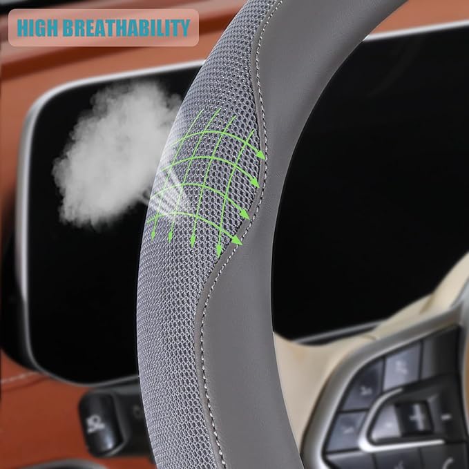 Nappa Leather Gray D Shape Steering Wheel Cover, Advanced Microfiber Leather Non-Slip Breathable Fabric, Warm in Winter and Cool in Summer, Universal 15 inch