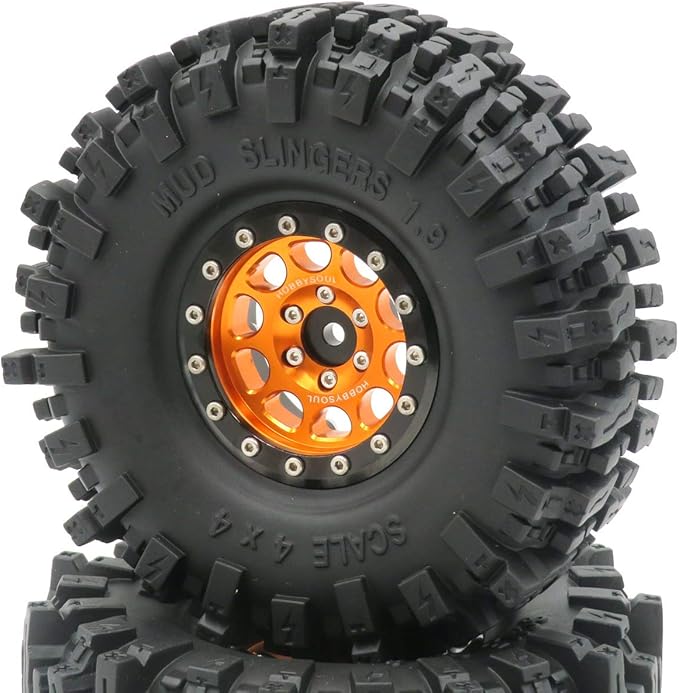 HOBBYSOUL RC Soft Sticky 1.9 Mud Slingers Tires 120mm & 1.9 Beadlock Wheels Orange Black Rims, 1.9 Crawler Tires and Wheels for 1/10 rc Crawler Traxxas TRX4 Axial SCX10 Gen8, (4-Pack)