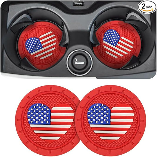 AUCELI 2 Pack Car Cup Holder Coasters, Colored American Flag US Flag Insert Car Cup Coaster, 2.75 Inch Anti Slip Shockproof Embedded Drink Mat, Vehicle Interior Decor Accessories