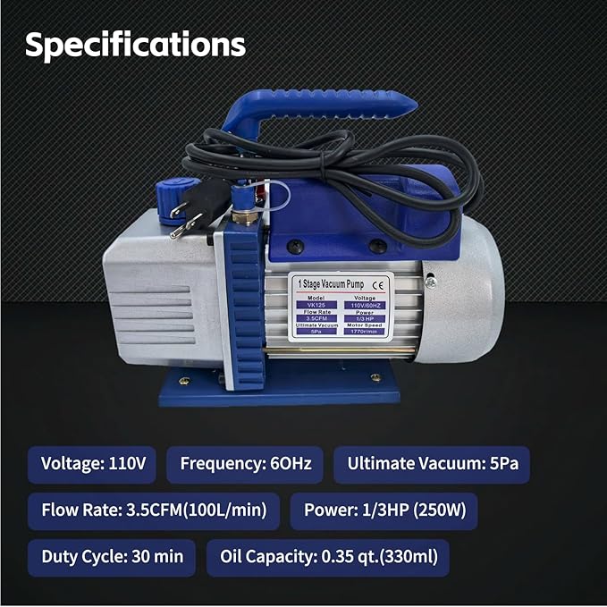 AC Vacuum Pump and Gauge Set, 1/4 HP 3.5 CFM Vacuum Pump Manifold Gauge Kit with 3 Hoses Adapters & Accessories for R134a R12 R22 R502, A/C Vacuum Pump Kit for Auto HVAC Systems