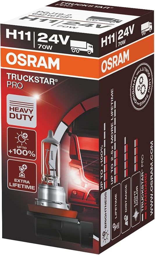 OSRAM TRUCKSTAR PRO H11 halogen headlamp, 64216TSP, 24 V commercial vehicle, folding carton box (1 unit)