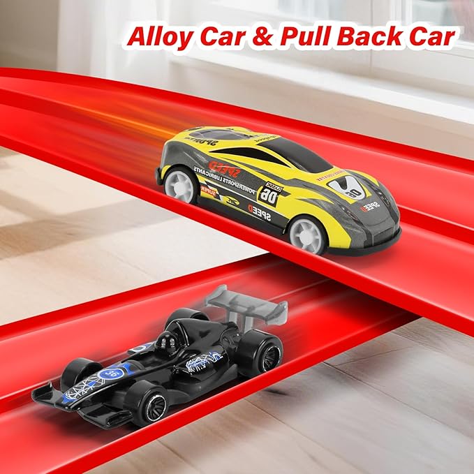 KETIEE Flex Tracks 16Ft for Kids: Flexible Race Car Ramp Track with 4 Small Racecars and 8 Suction Cups Compatible with Diecast 1/64th Cars, Rolls Up Portable Racetrack for Ages 3 & Up