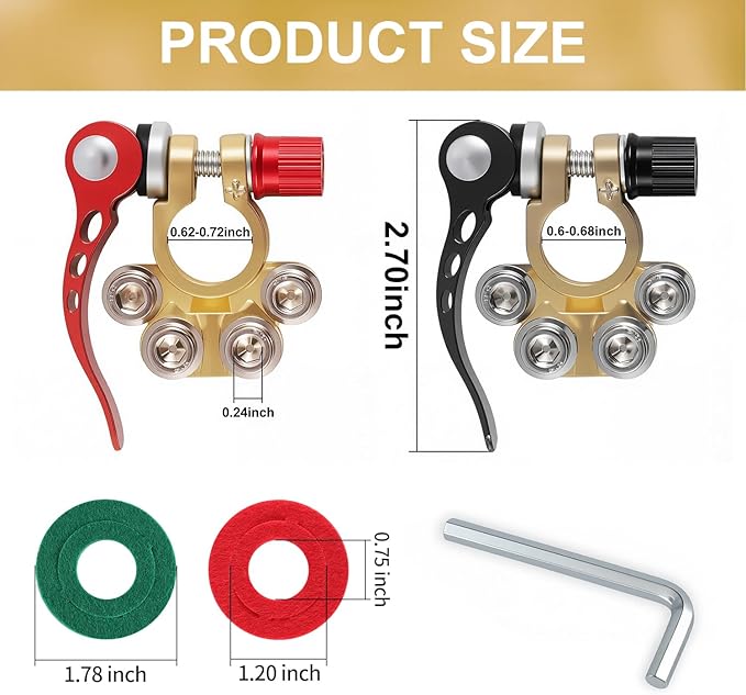 SINGARO Car Battery Terminal Clamp Connector, 4 Way Positive and Negative Pole Quick Release Terminal Clip, Applicable to SAE/JIS A Type Post, Compatible with Cars, Trucks and More（Gold-C）