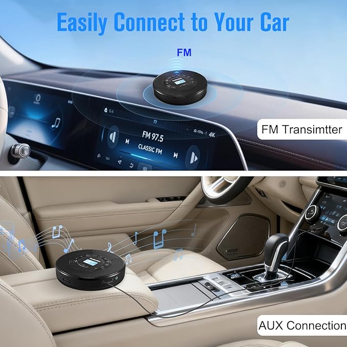 Gelielim Portable CD Player, CD Player for Car with Bluetooth and FM Transmitter, CD Music Player with Dual Stereo Speakers, Anti-Skip Protection, AUX/USB Port, 2000mAh Rechargeable Battery