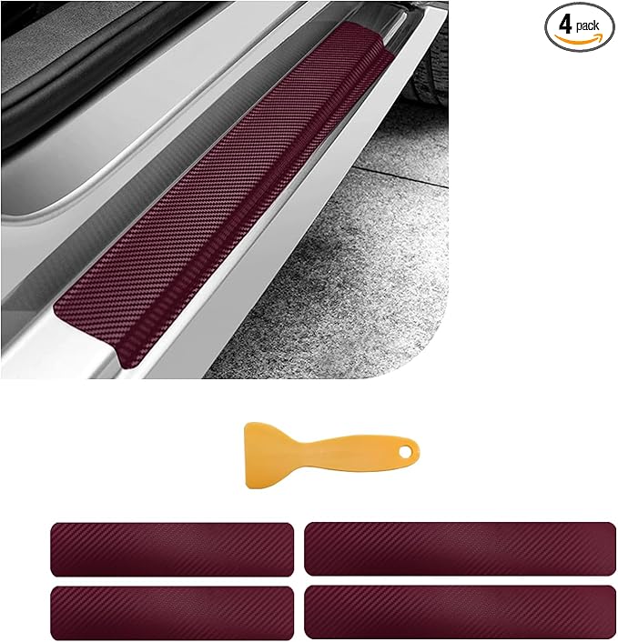 Dickno 4 PCS Car Door Sill Protector, 3D Carbon Fiber Auto Door Entry Edge Guard Protection Trim, Anti-Scratch Threshold Cover Strips, Sill Protection Sticker for Car SUV Truck (Wine Red)