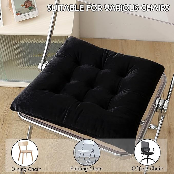 Set of 2 Chair Cushions for Dining Chairs with Ties, Indoor Non-Slip Kitchen Chair Pad and Dining Room Seat Cushion Mat for Office Living Room Outdoor 15.5" - Black