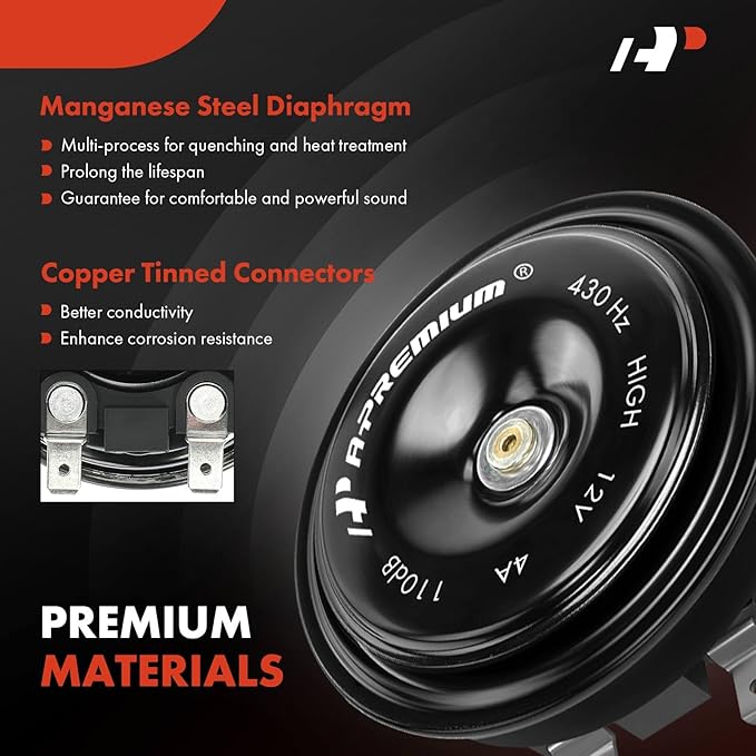 A-Premium Disc Horn High Universal Electric Horn - 12V 110 dB - Compatible with Passenger Car, Commercial/Off-Road Vehicle, ATVs, Scooter, Dirt/Pocket Bikes, Motorcycles & More, 76 mm