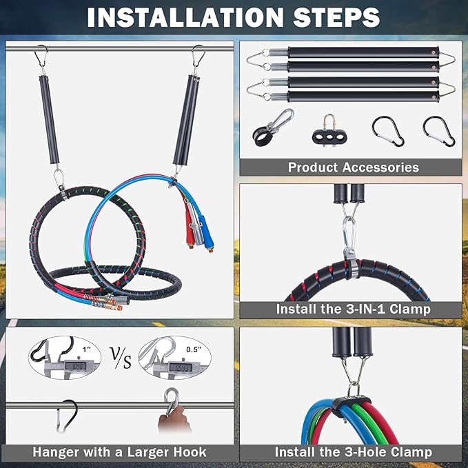 CheeMuii 2 PCS 16" Double Tender Spring Kits with 3in1 Hose Holder and 3-Hole Clamp Heavy Duty Trailer Dual Tender Spring for Semi Truck Air Lines Kit with 2 Style Air Line Holders