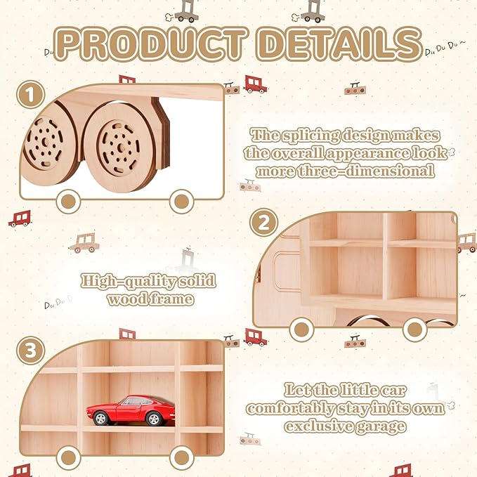 3D Wooden Toy Cars Display, Wall-Mounted for 42 Toy Cars, 1/64 Scale Model Car Organizer with Unique Patchwork Design