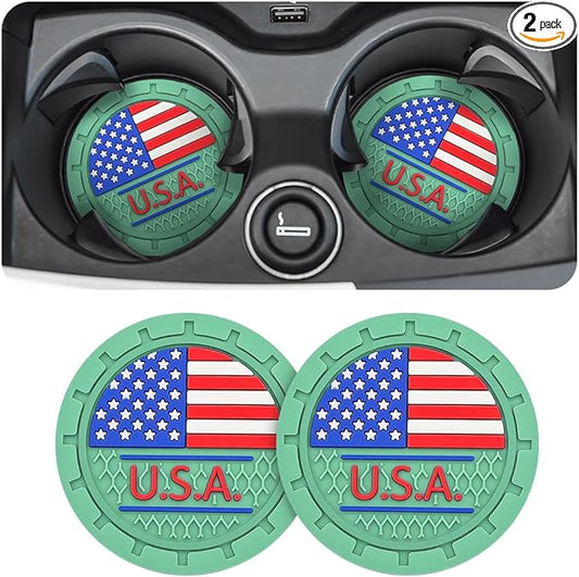 AUCELI 2 Pack Car Cup Holder Coasters, Colored American Flag US Flag Insert Car Cup Coaster, 2.75 Inch Anti Slip Shockproof Embedded Drink Mat, Vehicle Interior Decor Accessories