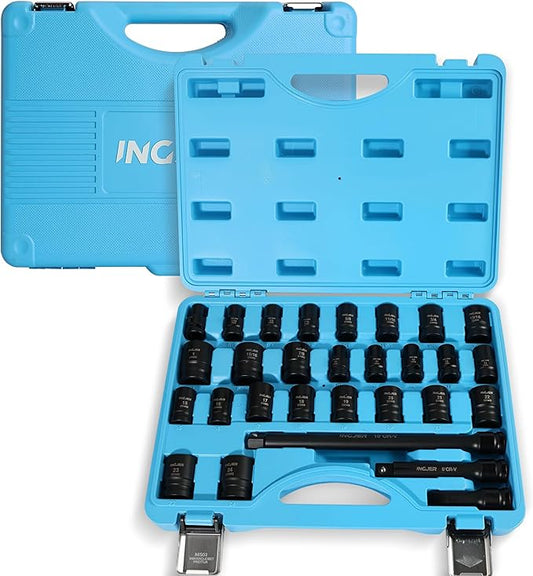 1/2" 29PCS Drive Impact Socket Set, SAE (3/8 to 1 inch) and Metric (10-24mm) Sizes with Extension Bars Standard Shallow Socket Set CR-MO Material High Torque Truck Bearing Locknut