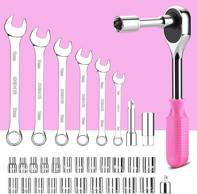 DEKOPRO Tool Set: 228 Piece Home Tool Kit, Household Basic Repair Tool Set Comes with Storage ToolBox, Socket Wrench Set for Car, Hand Tool Box Set for Home - Pink