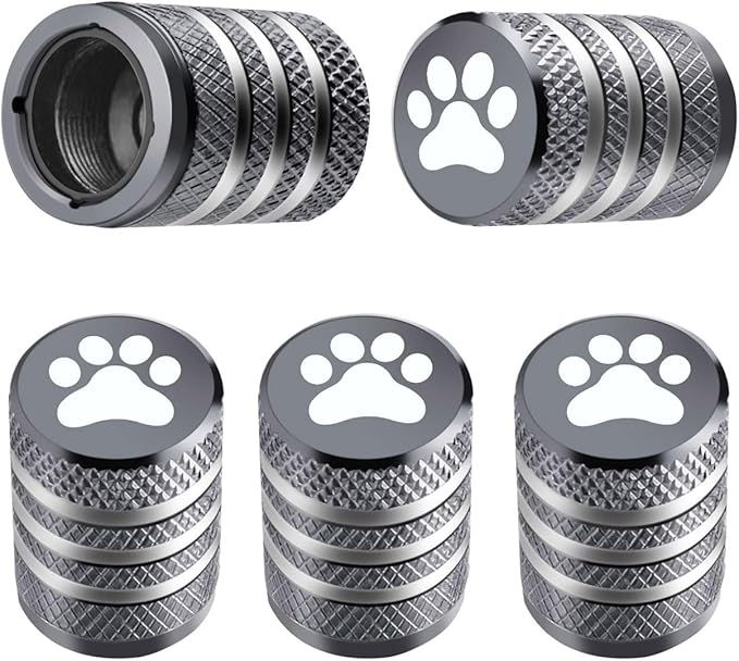 Tire Valve Stem Caps Cover - (5 Pack) Tire Air Caps Metal with Plastic Liner Corrosion Resistant Leak-Proof Dog Paw Print for Car Truck Motorcycle Bike Gray