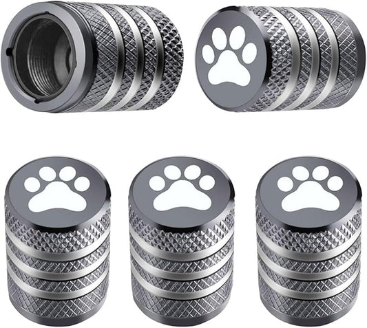 Tire Valve Stem Caps Cover - (5 Pack) Tire Air Caps Metal with Plastic Liner Corrosion Resistant Leak-Proof Dog Paw Print for Car Truck Motorcycle Bike Gray