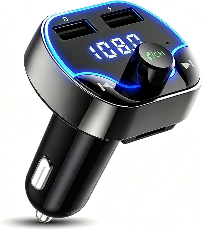 Bluetooth FM Transmitter Car Adapter with LED Voltage Display, Hands-Free Calling, Dual USB Car Charger, Supports MP3, Radio, TF Card, USB Disk Playback