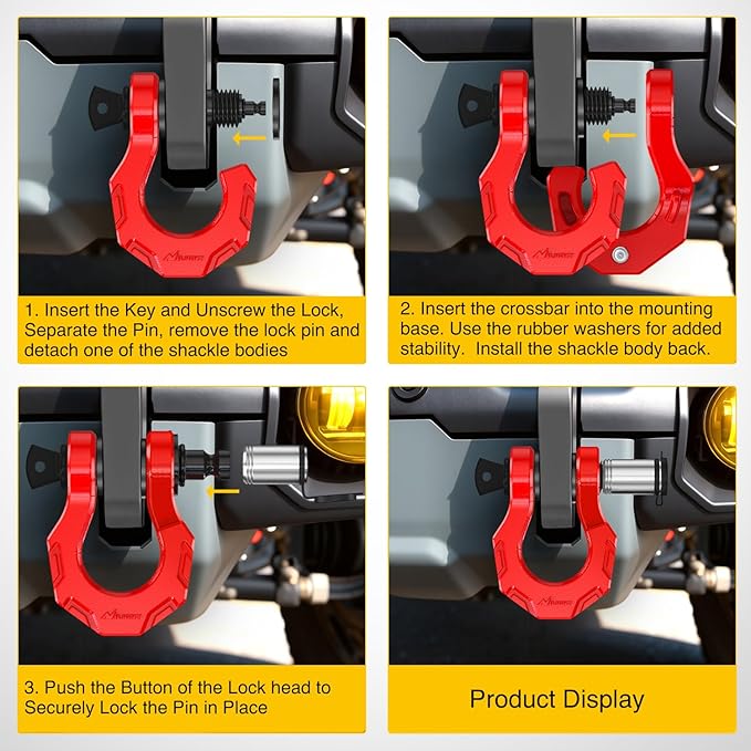 Nilight 2 Pack 3/4" D-Ring Separate Shackle with 7/8" Lock Pin 45,000 lbs Break Strength, Off Road Recovery Shackle with Isolators Washers for Use with Tow Strap, Winch, Truck Vehicle (Red)
