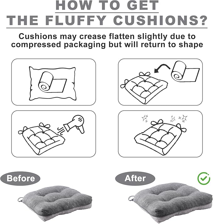 Battilo Chair Cushions Set of 4 for Dining Chairs, Seat Cushions for Kitchen Chairs with Non-Slip Backing, Indoor/Outdoor Waterproof Chair Seat Pads with Ties, 15.5"x15.5"x4", Dark Grey