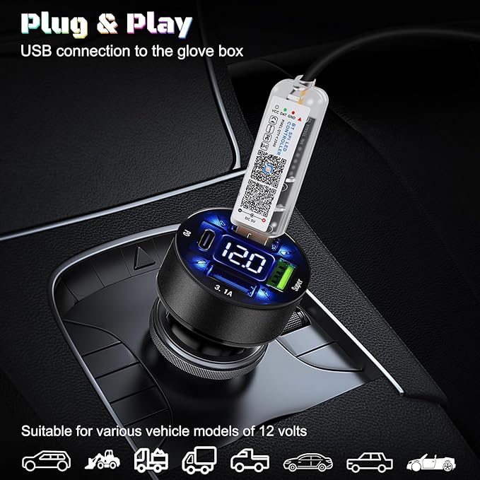 Dreamcolor Acrylic Interior Car LED Strip Light with USB/Type C/4-Port Cigarette Lighter,RGB 6 in 1 with 187 inches 650 LEDs Ambient Lighting Kits, Sound Active Function Neon Led Strips for Car