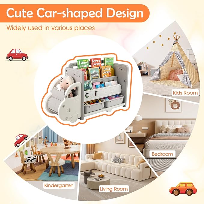 Costzon Car-Shaped Toy Storage Organizer, Car-Shaped 3-Tier Toy Shelf w/Bookshelf, 2 Storage Boxes, Toddler Bookshelf for Preschool, Kindergarten, Kids Room, Playroom, Nursery (Gray)