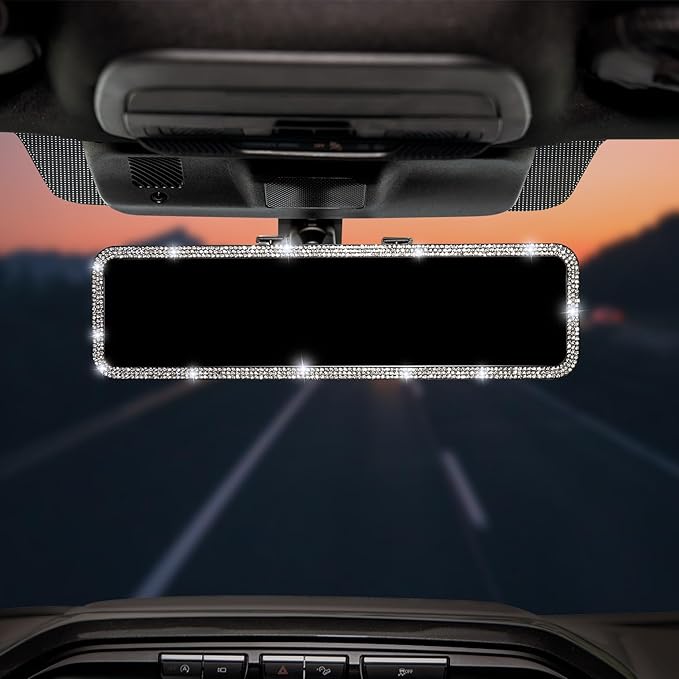 JOYTUTUS Rear View Mirror, Universal 12 Inch Panoramic Rearview Accessories with Bling Rhinestones Crystal Diamonds Edge, Interior Clip-on Wide Angle Rear View Mirror -White