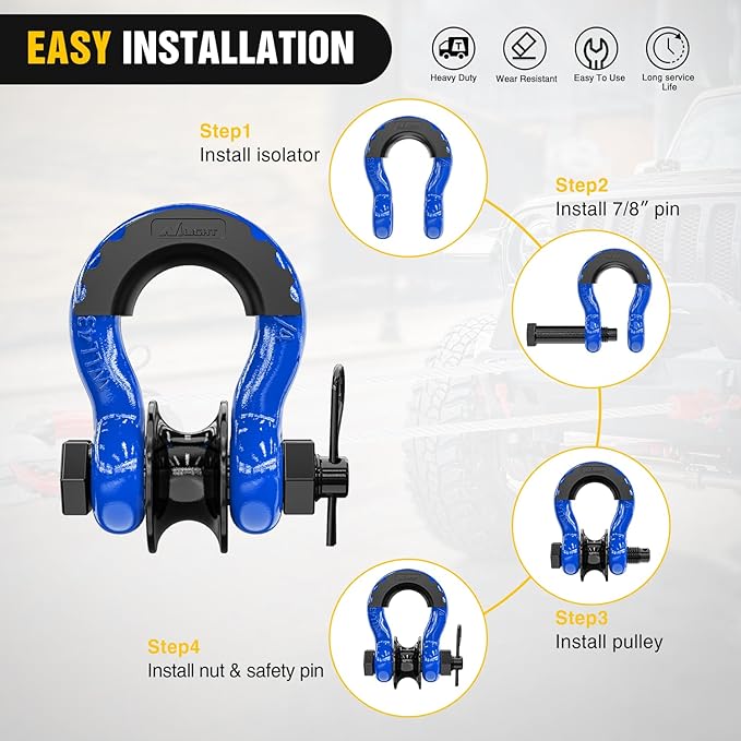 Nilight 3/4" D-Ring Shackle w/Snatch Block (2 Pack) 9,500 lb Working Load, 2-in-1 Heavy‑Duty Towing Pulley w/Isolator for Off‑Road Recovery, Winch Cable & Rope, Truck Jeep ATV UTV Tractor, Blue
