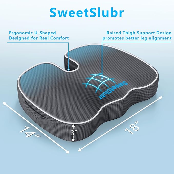 SweetSlubr Seat Cushion, Lumbar Support Pillow with Adjustable Strap-Chair Cushions for Sciatica Pain Relief-with Washable Cover Memory Foam for Car, Travel and Wheelchair Gray/Large