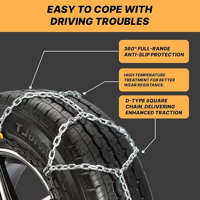 Auto Fixing Snow Chains for Car Tires, Tire Chains for Passenger Cars, Sedan, SUVs, Quick Fit & Easy Installation Snow Tire Chains, Portable Reusable Emergency Tire Traction Chain, Set of 2 (HPK-1550)