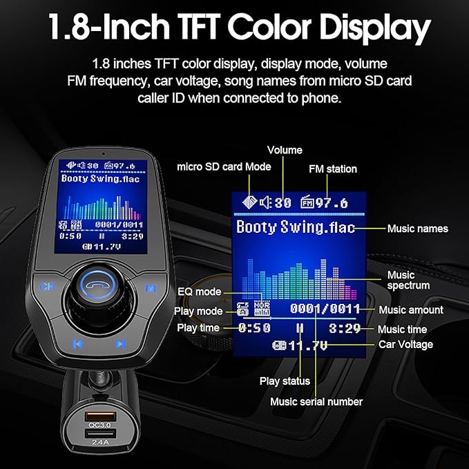 Bluetooth 5.0 FM Transmitter for Car, Wireless in-Car Radio Adapter Kit with Color Screen AUX Auto Music Adapter QC 3.0 USB Charger Voltage Detection