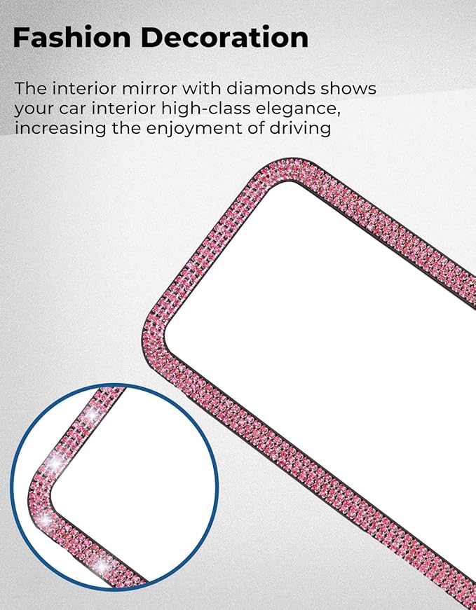 JOYTUTUS Rear View Mirror, Universal 12 Inch Panoramic Rearview Accessories with Bling Rhinestones Crystal Diamonds Edge, Interior Clip-on Wide Angle Rear View Mirror -Pink