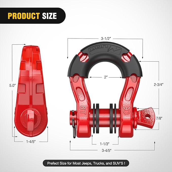 Nilight Heavy Duty Mega D-Ring Shackles(2 Pack) 68,000 lb Break Strength(17,000 lb WLL) w/ 7/8″ Screw Pin & Washers, Forged Steel Off-Road Recovery Shackles for Tow Strap & Winch Gear, Red