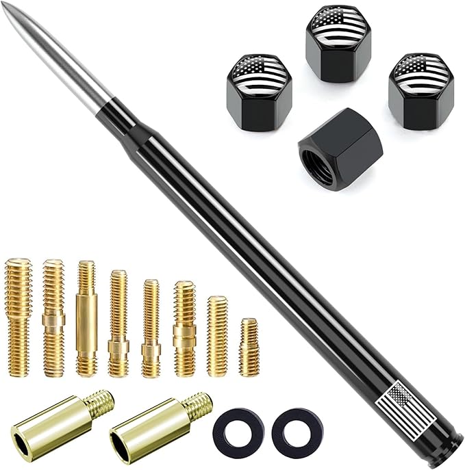 Car Truck Bullet Antenna with Tire Valve Caps American Flag Universal Replacement for GMC Sierra Chevy Silverado Dodge Ram 1500 2500 3500 Ford F150 F250 F350 Super Duty Raptor Accessories, Silver