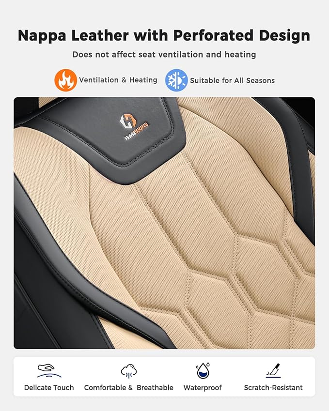Huidasource Seat Covers Full Set, Universal Fit for Most Cars SUV Trucks, Full Coverage Leather Seat Cover, Airbag, Cupholder Compatible, Seat Function Retain, Easy Install with Velcro, Black & Beige