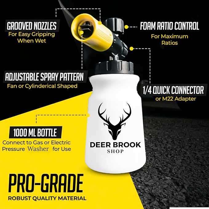 Hornet Foam Cannon for Pressure Washer - Soap Attachment for Power Washer - 4000 PSI Adjustable Car Wash Sprayer with Wide Mouth - 1/4" Quick Connector & M22 Adapter, 1L Bottle