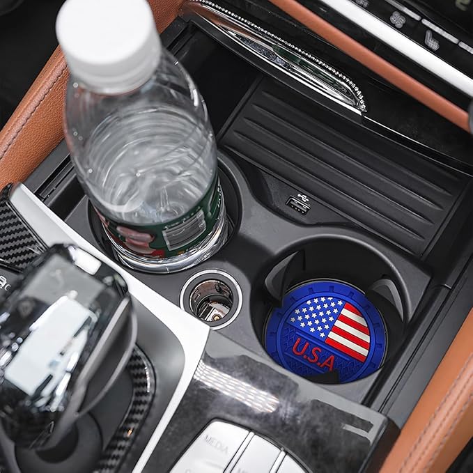 AUCELI 4 Pack Car Cup Holder Coasters, Colored American Flag US Flag Insert Car Cup Coaster, 2.75 Inch Anti Slip Shockproof Embedded Drink Mat, Vehicle Interior Decor Accessories