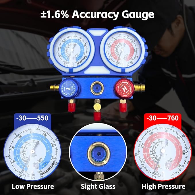 AC Vacuum Pump and Gauge Set, 1/4 HP 3.5 CFM Vacuum Pump Manifold Gauge Kit with 3 Hoses Adapters & Accessories for R134a R12 R22 R502, A/C Vacuum Pump Kit for Auto HVAC Systems
