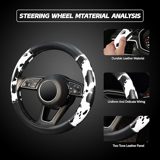 ZHOL 16 inch Steering Wheel Cover Cow Print, Breathable Microfiber Leather Compatible Large-Size for F150 F250 F350 Ram 4Runner Tacoma Tundra Range Rover Model Car Accessories for Women Men