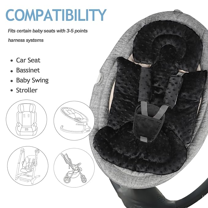 Infant Car Seat Insert Boy Girl, 3 in 1 Newborn Carseat Insert with Strap Pads, Car Seat Head Support for Baby Strollers, Swings, and Bouncers, Comfortable and Machine Washable, Black