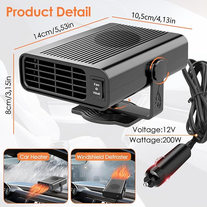 2026 Newest Portable Car Heaters, 12V 200W Vehicle Heating & Cooling Fan Rapid Windscreen Defogger & Window Defroster Car Heater That Plugs Into Cigarette Lighter with 360° Rotatable Function