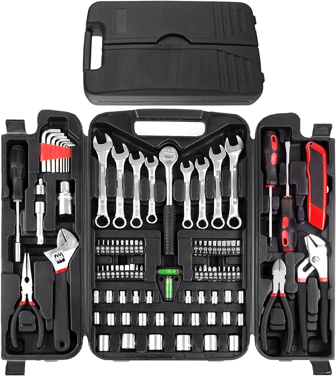 TLGREEN 95 Piece Tool Set, Tool Kit, Mechanics Tool Set, Portable Toolbox with Adjustable Wrench Pliers Socket Bits, with Plastic Toolbox, for House Apartment Garage (Red)