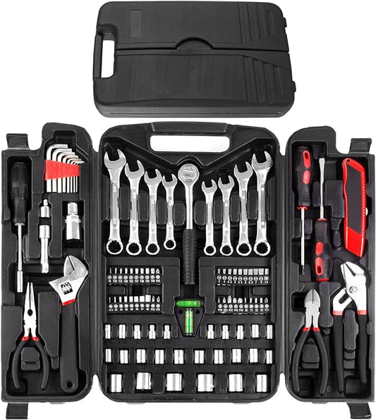 TLGREEN 95 Piece Tool Set, Tool Kit, Mechanics Tool Set, Portable Toolbox with Adjustable Wrench Pliers Socket Bits, with Plastic Toolbox, for House Apartment Garage (Red)