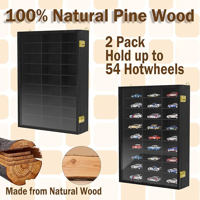 2 Pack Hot Wheels Storage Display Case Wall Mounted, Wooden Hotwheels Toy Car Storage 1/64 Display Case Shelf Organizer for 54 Hot Wheel Model Car (2, Blackcolor, Only Case)